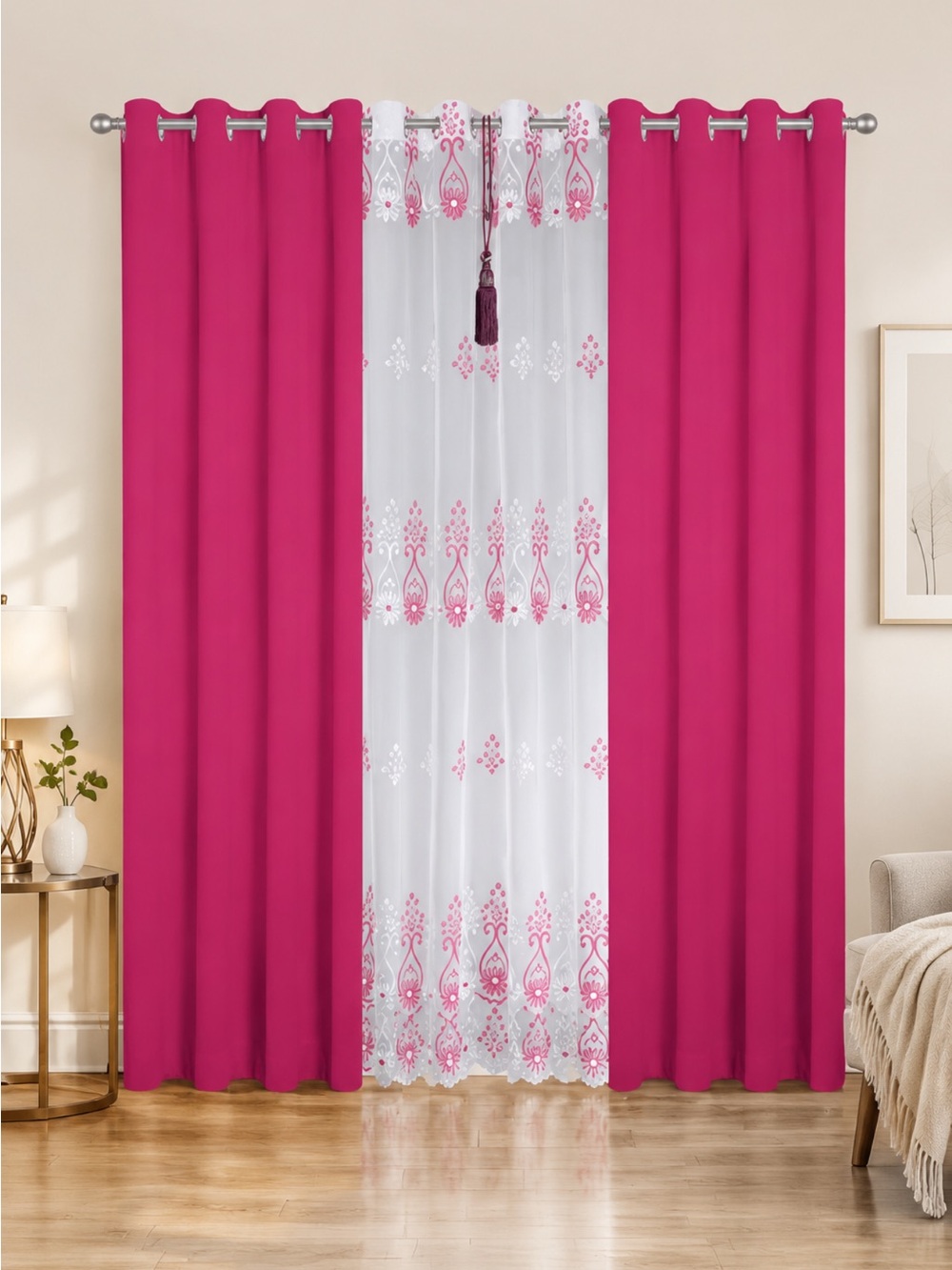 Home Accents Hot Pink Blackout Curtain Panel Set with Embroidered White Sheer